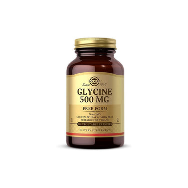 A bottle of Solgar Glycine 500 mg 100 Vegetable Capsules on a white background.